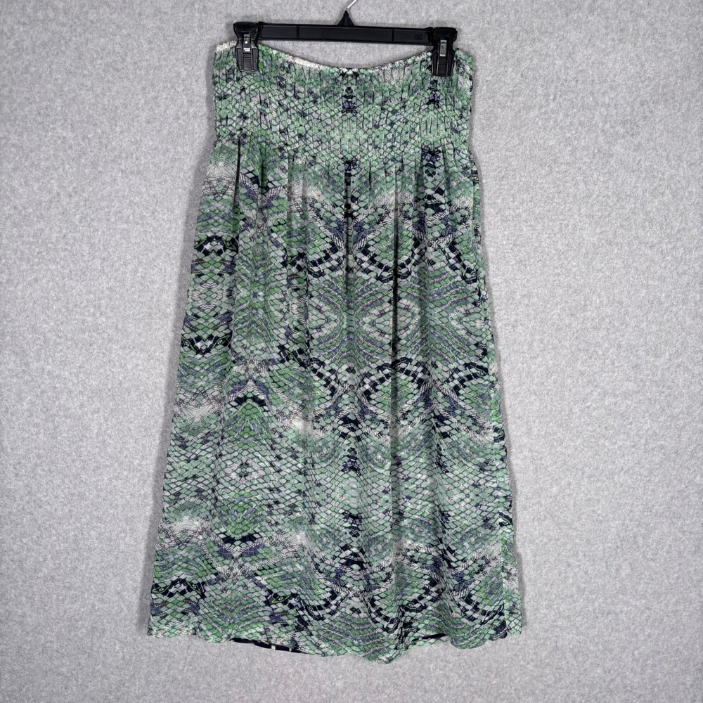 Cabi Reversible Midi Skirt Small Green Navy Snakeskin Abstract Smocked Waist 764